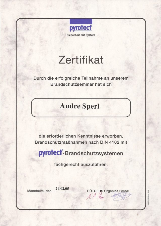Zertifikat Brandschutz