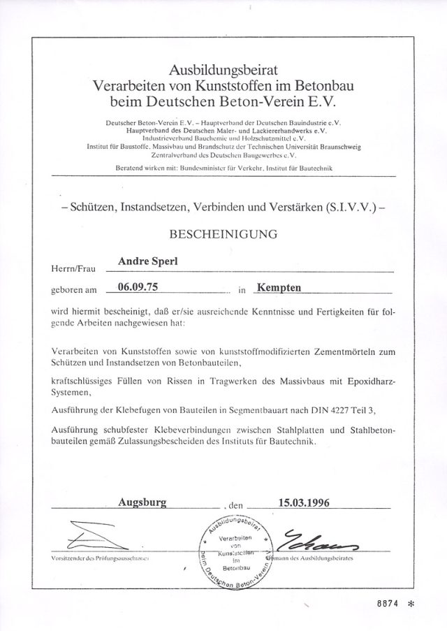 Zertifikat Kunststoffe im Betonbau