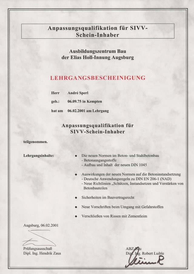 Zertifikat SIVV-Schein Betoninstandsetzung