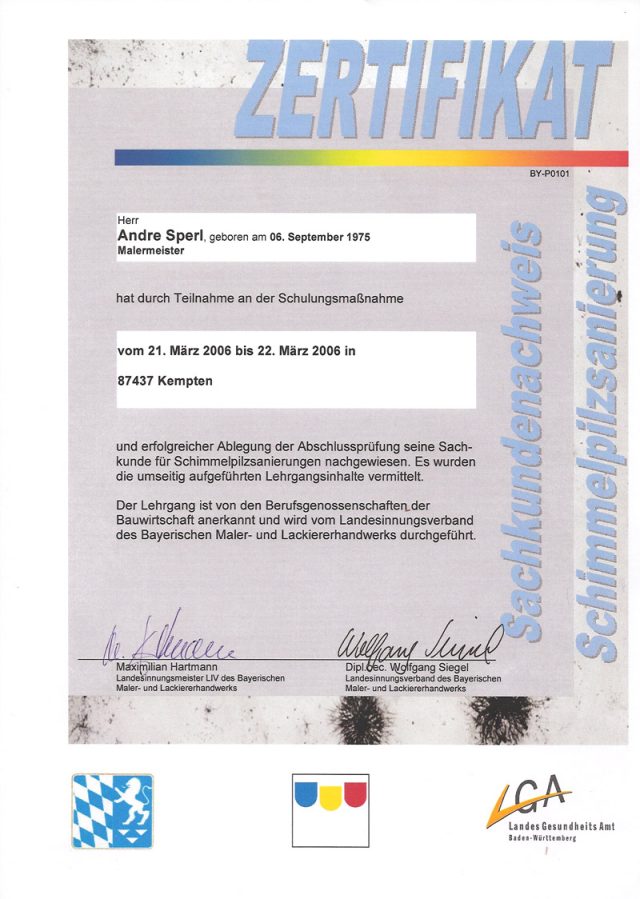 Zertifikat Schimmelpilzsanierung