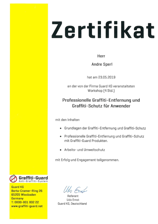 Zertifikat Graffiti-Entfernung und Graffiti-Schutz