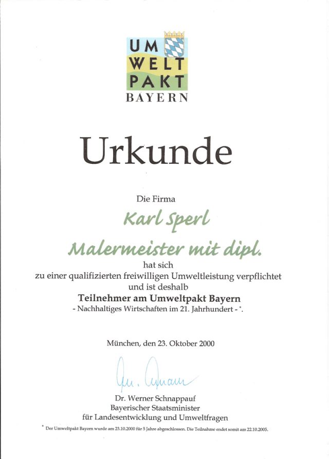 Urkunde Umweltpakt Bayern